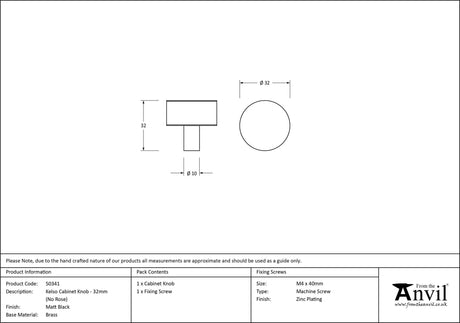 From The Anvil - Matt Black Kelso Cabinet Knob - 32mm (No rose) | Sku. 50341 | Trade Door Handles.