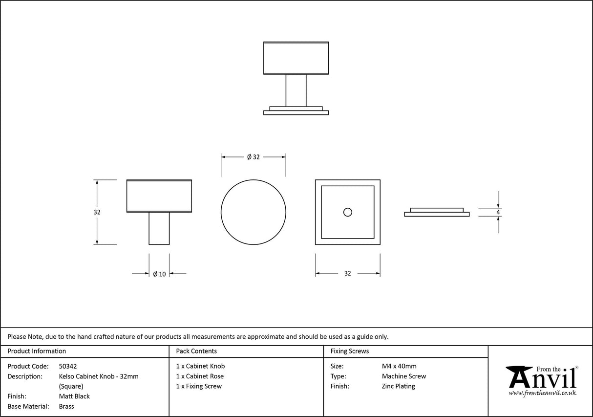 From The Anvil - Matt Black Kelso Cabinet Knob - 32mm (Square) | Sku. 50342 | Trade Door Handles.