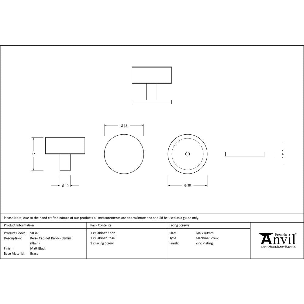From The Anvil - Matt Black Kelso Cabinet Knob - 38mm (Plain) | Sku. 50343 | Trade Door Handles.