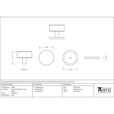 From The Anvil - Matt Black Kelso Cabinet Knob - 38mm (Plain) | Sku. 50343 | Trade Door Handles.