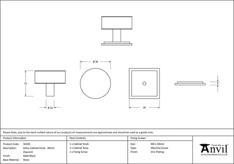 From The Anvil - Matt Black Kelso Cabinet Knob - 38mm (Square) | Sku. 50345 | Trade Door Handles.