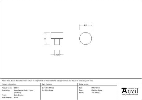 From The Anvil - Satin Chrome Kelso Cabinet Knob - 25mm (No rose) | Sku. 50350 | Trade Door Handles.