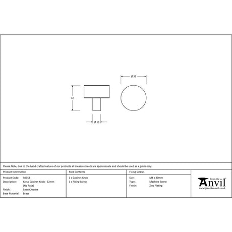 From The Anvil - Satin Chrome Kelso Cabinet Knob - 32mm (No rose) | Sku. 50353 | Trade Door Handles.