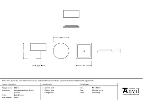 From The Anvil - Satin Chrome Kelso Cabinet Knob - 32mm (Square) | Sku. 50354 | Trade Door Handles.