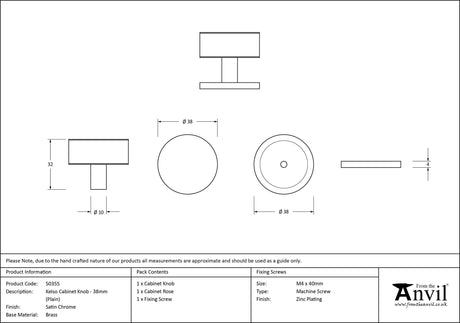 From The Anvil - Satin Chrome Kelso Cabinet Knob - 38mm (Plain) | Sku. 50355 | Trade Door Handles.