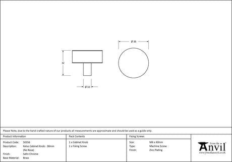 From The Anvil - Satin Chrome Kelso Cabinet Knob - 38mm (No rose) | Sku. 50356 | Trade Door Handles.