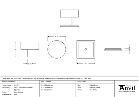 From The Anvil - Satin Chrome Kelso Cabinet Knob - 38mm (Square) | Sku. 50357 | Trade Door Handles.
