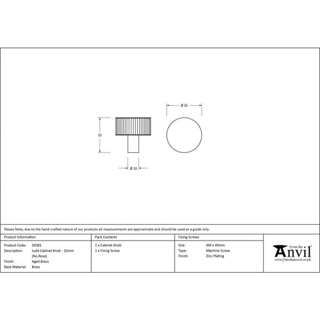 From The Anvil - Aged Brass Judd Cabinet Knob - 32mm (No rose) | Sku. 50381 | Trade Door Handles.