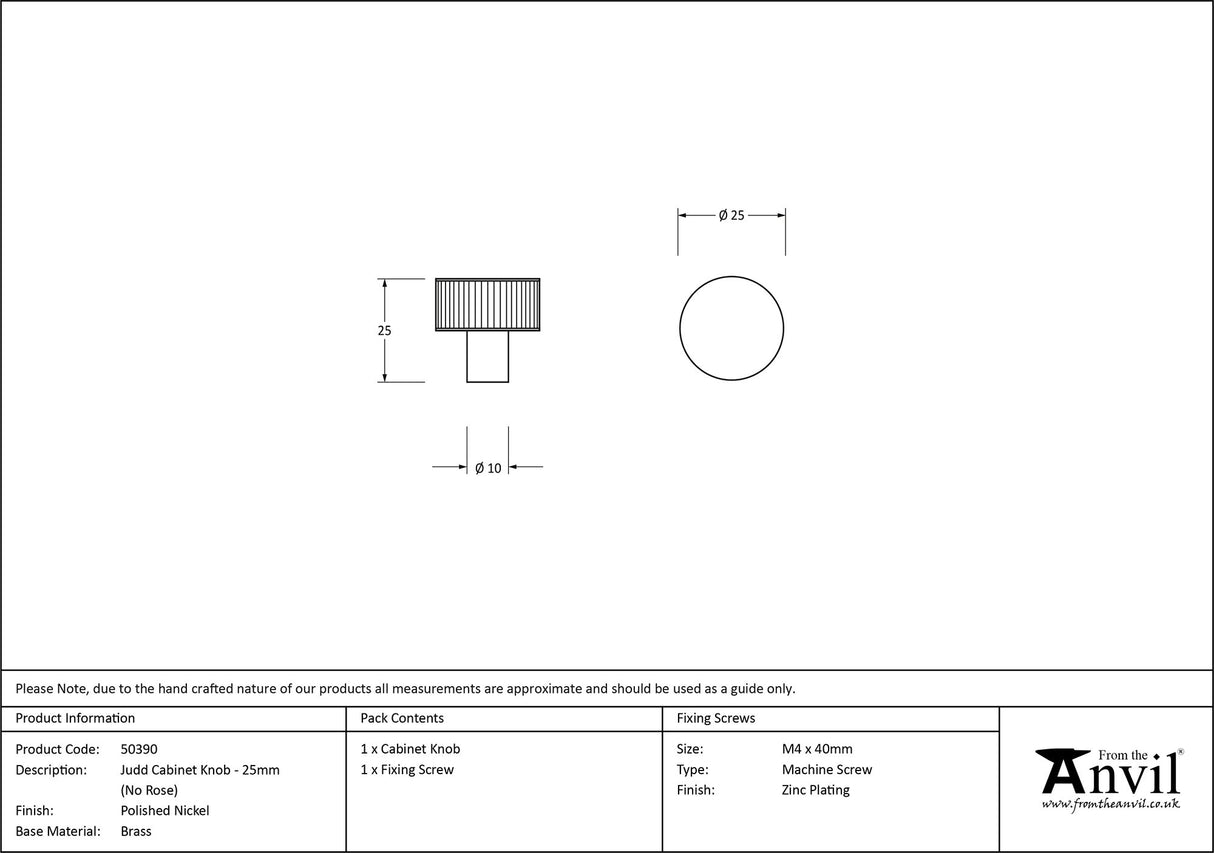 From The Anvil - Polished Nickel Judd Cabinet Knob - 25mm (No rose) | Sku. 50390 | Trade Door Handles.