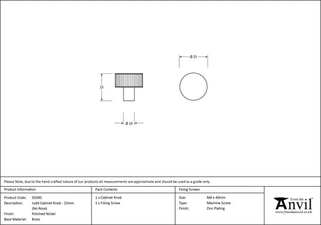From The Anvil - Polished Nickel Judd Cabinet Knob - 25mm (No rose) | Sku. 50390 | Trade Door Handles.