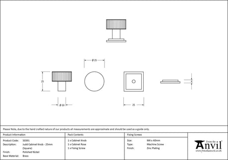 From The Anvil - Polished Nickel Judd Cabinet Knob - 25mm (Square) | Sku. 50391 | Trade Door Handles.
