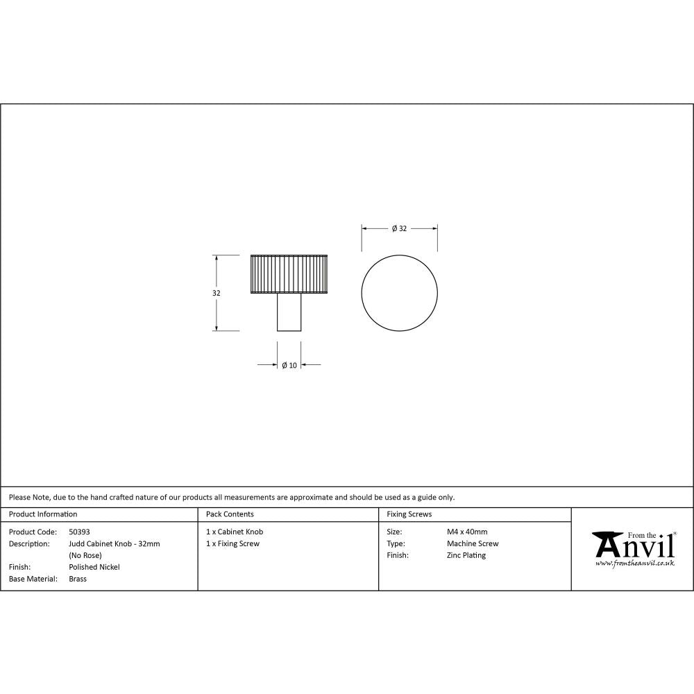 From The Anvil - Polished Nickel Judd Cabinet Knob - 32mm (No rose) | Sku. 50393 | Trade Door Handles.