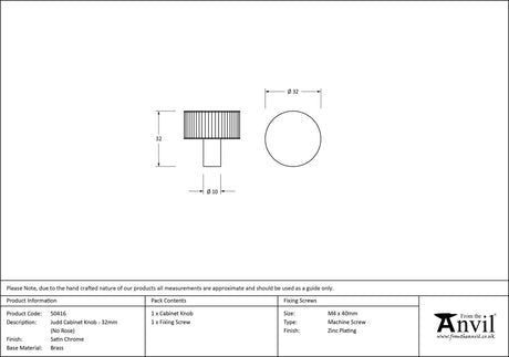From The Anvil - Satin Chrome Judd Cabinet Knob - 32mm (No rose) | Sku. 50416 | Trade Door Handles.