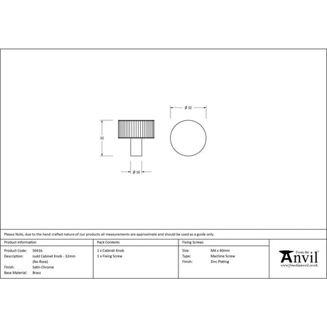 From The Anvil - Satin Chrome Judd Cabinet Knob - 32mm (No rose) | Sku. 50416 | Trade Door Handles.