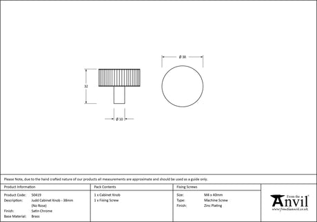 From The Anvil - Satin Chrome Judd Cabinet Knob - 38mm (No rose) | Sku. 50419 | Trade Door Handles.