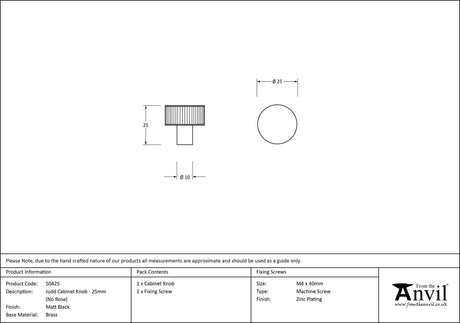 From The Anvil - Matt Black Judd Cabinet Knob - 25mm (No rose) | Sku. 50425 | Trade Door Handles.