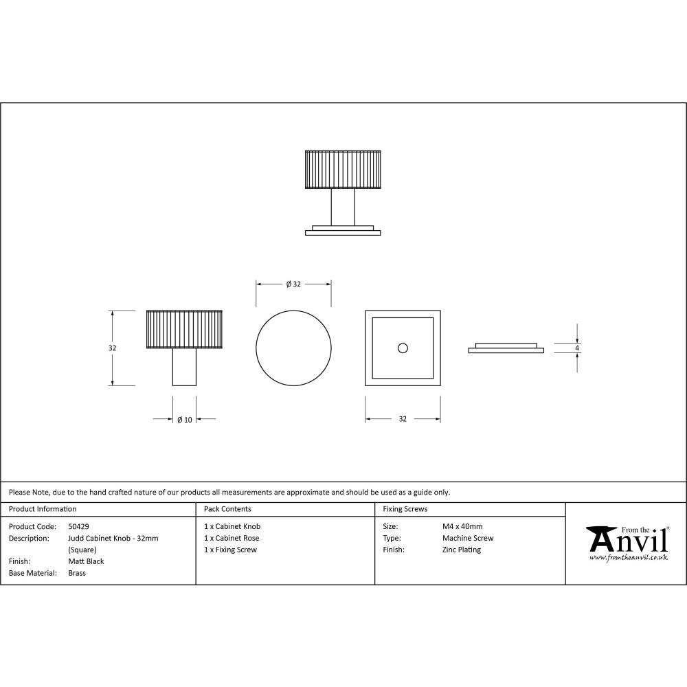 From The Anvil - Matt Black Judd Cabinet Knob - 32mm (Square) | Sku. 50429 | Trade Door Handles.