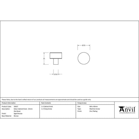 From The Anvil - Aged Bronze Kelso Cabinet Knob - 25mm (No rose) | Sku. 50437 | Trade Door Handles.