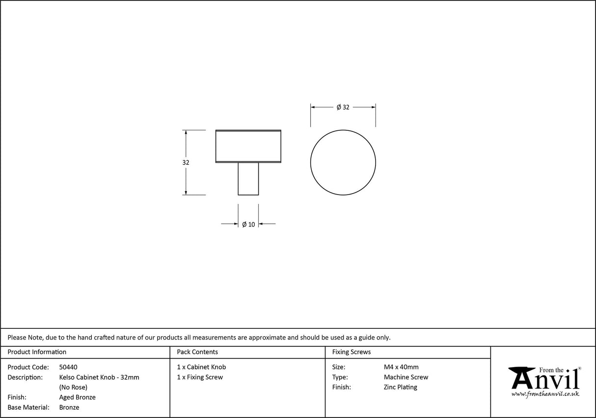 From The Anvil - Aged Bronze Kelso Cabinet Knob - 32mm (No rose) | Sku. 50440 | Trade Door Handles.