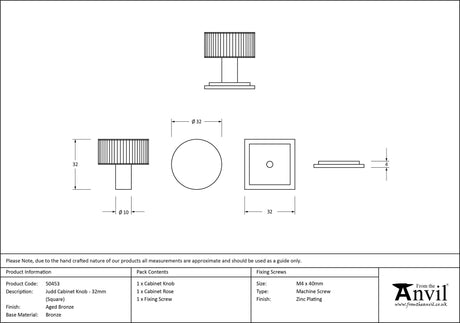 From The Anvil - Aged Bronze Judd Cabinet Knob - 32mm (Square) | Sku. 50453 | Trade Door Handles.