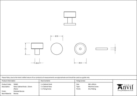 From The Anvil - Polished Bronze Kelso Cabinet Knob - 25mm (Plain) | Sku. 50460 | Trade Door Handles.