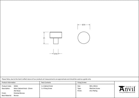 From The Anvil - Polished Bronze Kelso Cabinet Knob - 25mm (No rose) | Sku. 50461 | Trade Door Handles.