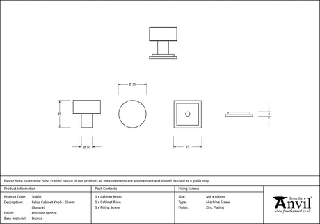 From The Anvil - Polished Bronze Kelso Cabinet Knob - 25mm (Square) | Sku. 50462 | Trade Door Handles.
