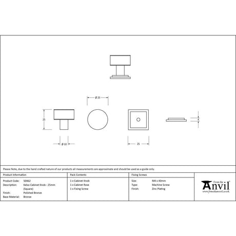 From The Anvil - Polished Bronze Kelso Cabinet Knob - 25mm (Square) | Sku. 50462 | Trade Door Handles.