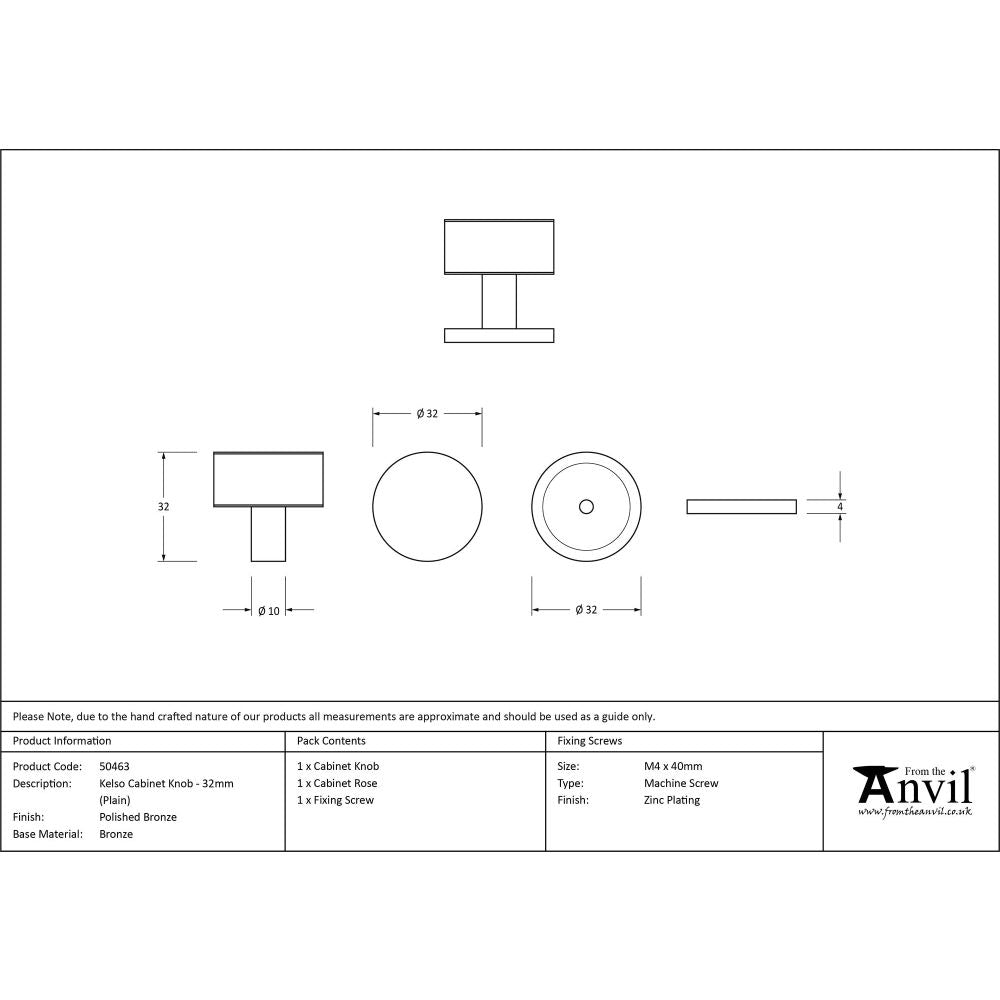 From The Anvil - Polished Bronze Kelso Cabinet Knob - 32mm (Plain) | Sku. 50463 | Trade Door Handles.