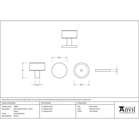 From The Anvil - Polished Bronze Kelso Cabinet Knob - 32mm (Plain) | Sku. 50463 | Trade Door Handles.
