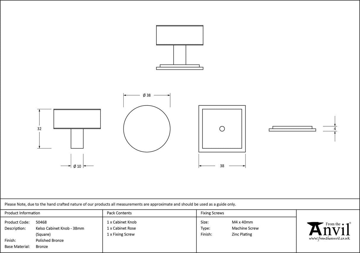 From The Anvil - Polished Bronze Kelso Cabinet Knob - 38mm (Square) | Sku. 50468 | Trade Door Handles.
