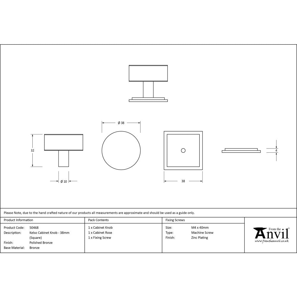 From The Anvil - Polished Bronze Kelso Cabinet Knob - 38mm (Square) | Sku. 50468 | Trade Door Handles.