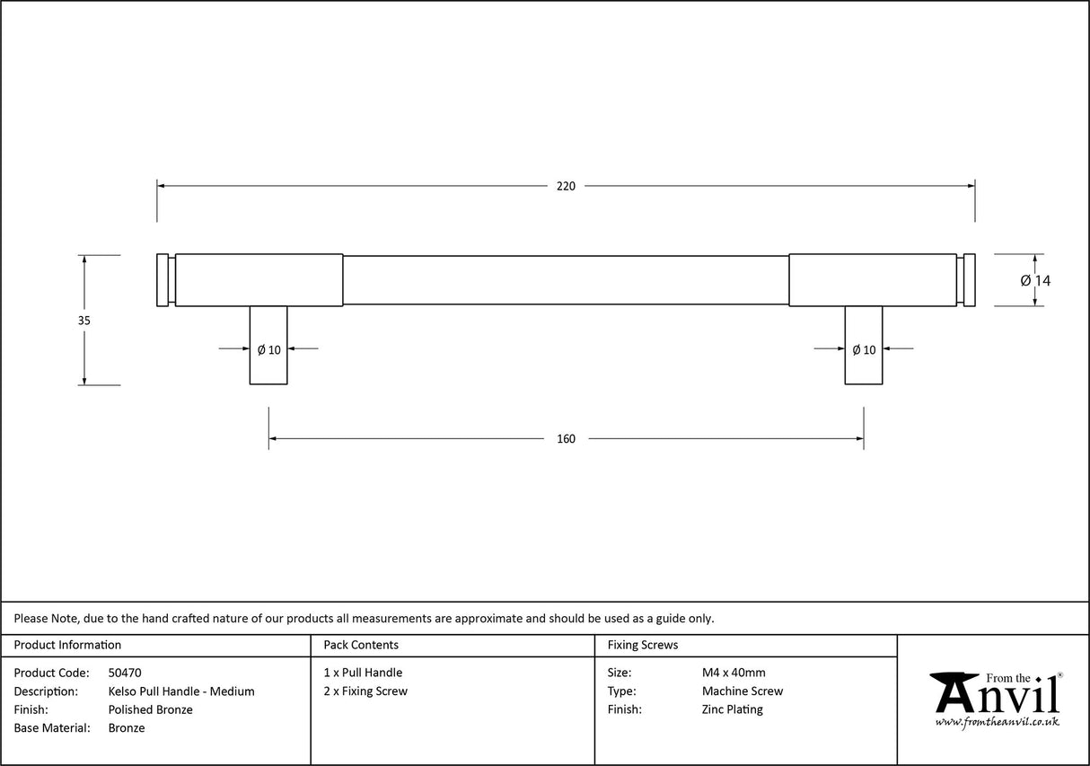 From The Anvil - Polished Bronze Kelso Pull Handle - Medium | Sku. 50470 | Trade Door Handles.