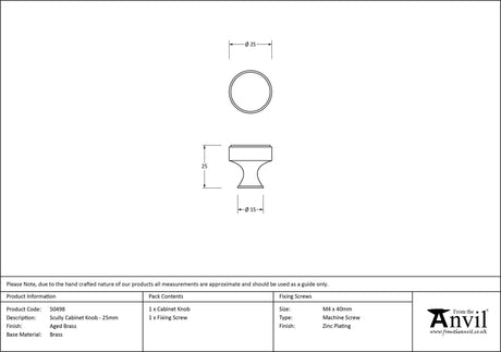 From The Anvil - Aged Brass Scully Cabinet Knob - 25mm | Sku. 50498 | Trade Door Handles.