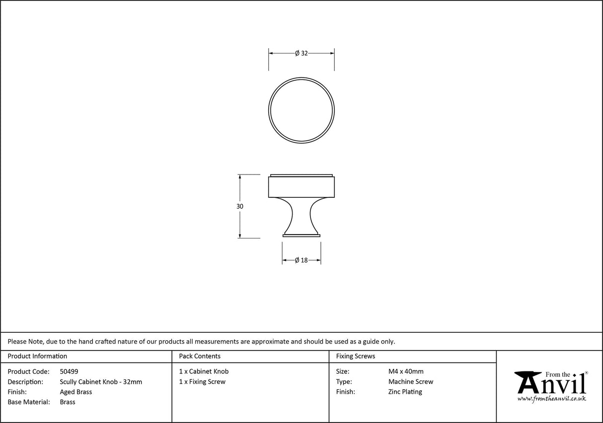 From The Anvil - Aged Brass Scully Cabinet Knob - 32mm | Sku. 50499 | Trade Door Handles.