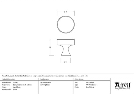 From The Anvil - Aged Brass Scully Cabinet Knob - 38mm | Sku. 50500 | Trade Door Handles.