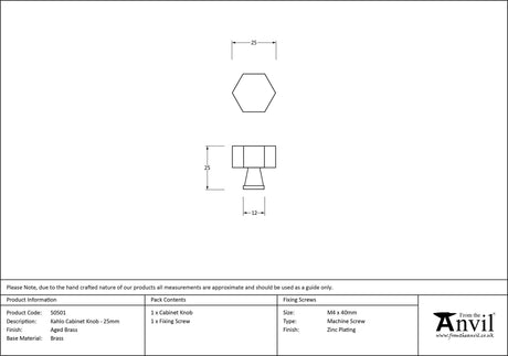 From The Anvil - Aged Brass Kahlo Cabinet Knob - 25mm | Sku. 50501 | Trade Door Handles.