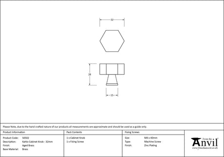 From The Anvil - Aged Brass Kahlo Cabinet Knob - 32mm | Sku. 50502 | Trade Door Handles.