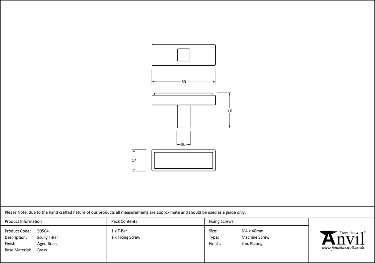 From The Anvil - Aged Brass Scully T-Bar | Sku. 50504 | Trade Door Handles.
