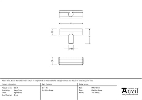From The Anvil - Aged Brass Kahlo T-Bar | Sku. 50505 | Trade Door Handles.