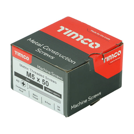 This is an image of Timco - Metric Threaded Machine Screws - PZ - Countersunk - Zinc M5 x 50mm - (100 PCS Box) 5050CPM