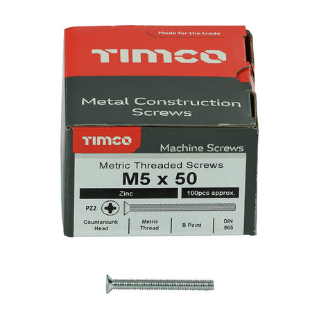 This is an image of Timco - Metric Threaded Machine Screws - PZ - Countersunk - Zinc M5 x 50mm - (100 PCS Box) 5050CPM