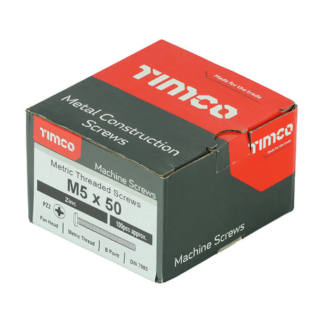 This is an image of Timco - Metric Threaded Machine Screws - PZ - Pan Head - Zinc M5 x 50mm - (100 PCS Box) 5050PPM
