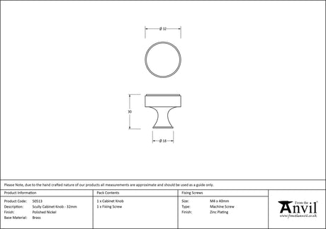 From The Anvil - Polished Nickel Scully Cabinet Knob - 32mm | Sku. 50513 | Trade Door Handles.