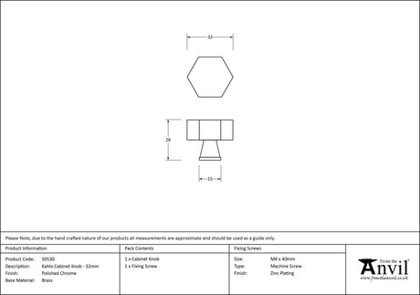 From The Anvil - Polished Chrome Kahlo Cabinet Knob - 32mm | Sku. 50530 | Trade Door Handles.