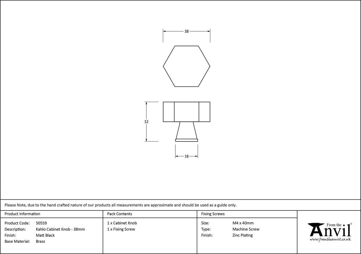 From The Anvil - Matt Black Kahlo Cabinet Knob - 38mm | Sku. 50559 | Trade Door Handles.