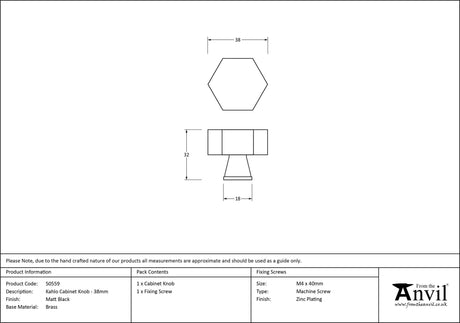 From The Anvil - Matt Black Kahlo Cabinet Knob - 38mm | Sku. 50559 | Trade Door Handles.