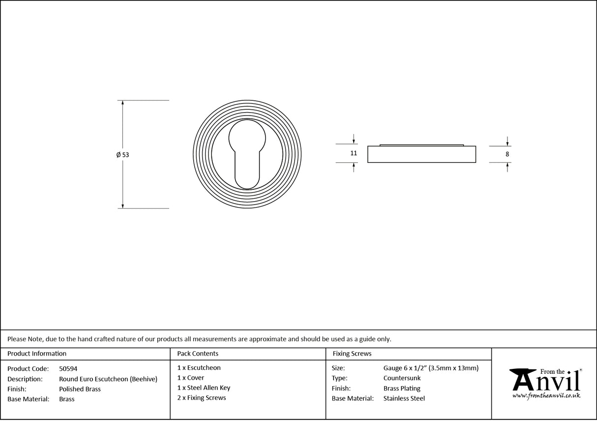 From The Anvil - Polished Brass Round Euro Escutcheon (Beehive) | Sku. 50594 | Trade Door Handles.