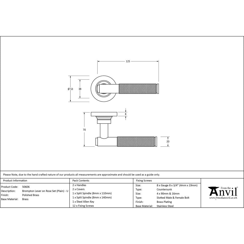 From The Anvil - Polished Brass Brompton Lever on Rose Set (Plain) - Unsprung | Sku. 50606 | Trade Door Handles.