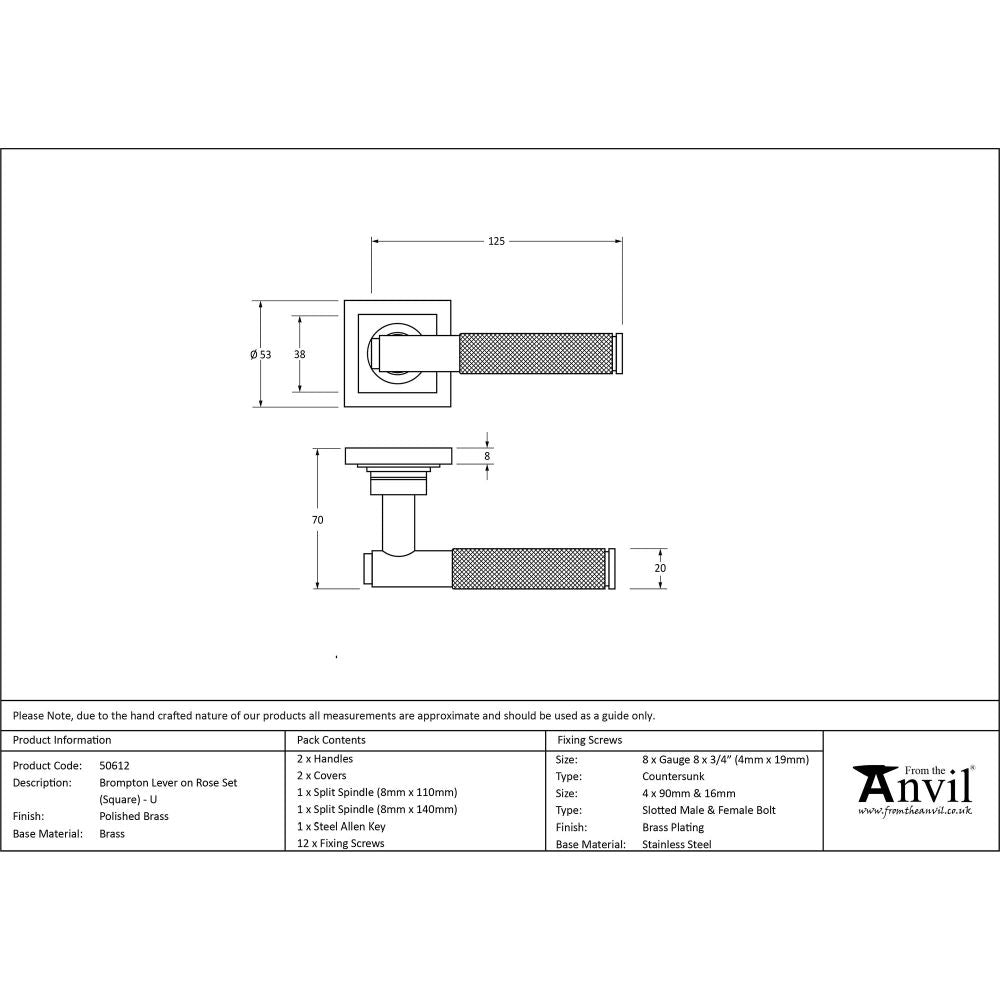 From The Anvil - Polished Brass Brompton Lever on Rose Set (Square) - Unsprung | Sku. 50612 | Trade Door Handles.